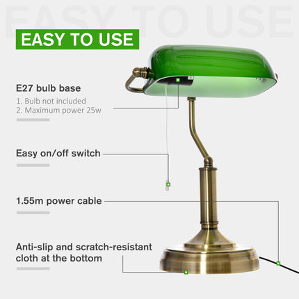 Banker's Desk Table Lamp with Pull Rope Switch and Green Glass Shade - Antique Bronze
