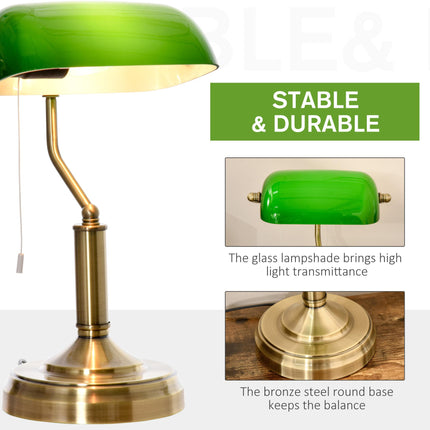 Banker's Desk Table Lamp with Pull Rope Switch and Green Glass Shade - Antique Bronze