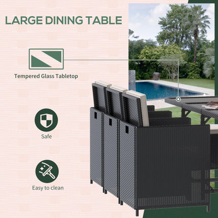 11 Piece 10 Seater Rattan Garden Furniture Set with Cushions - Black