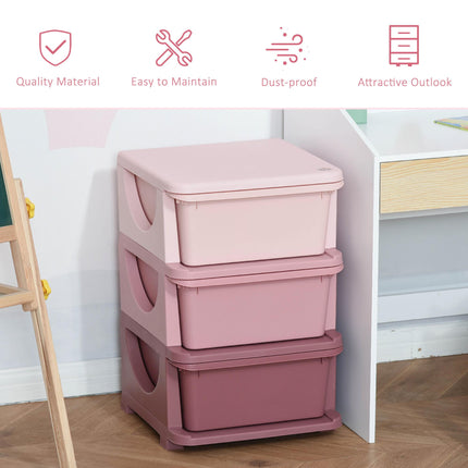 Kids 3-Tier Storage Unit with Drawers Vertical Dresser Toy Organizer for Nursery - Pink