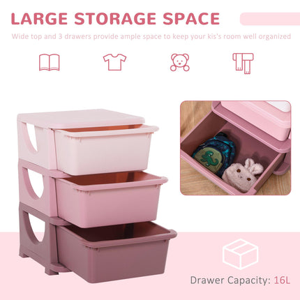 Kids 3-Tier Storage Unit with Drawers Vertical Dresser Toy Organizer for Nursery - Pink