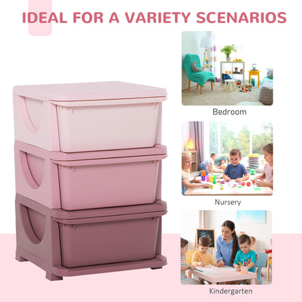 Kids 3-Tier Storage Unit with Drawers Vertical Dresser Toy Organizer for Nursery - Pink