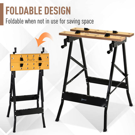 4-in-1 Folding Work Bench with Adjustable Clamping Pegs and Saw Horse Table - Black