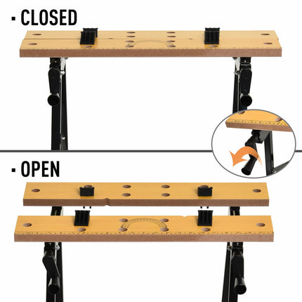 4-in-1 Folding Work Bench with Adjustable Clamping Pegs and Saw Horse Table - Black
