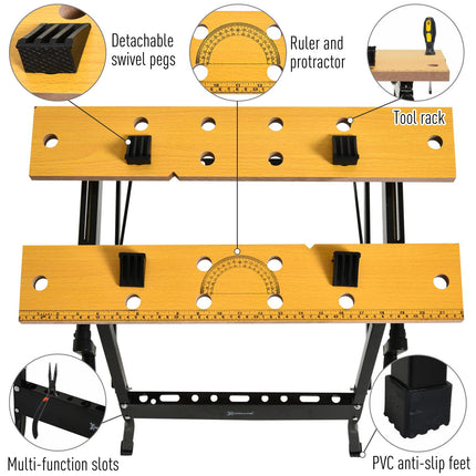 4-in-1 Folding Work Bench with Adjustable Clamping Pegs and Saw Horse Table - Black