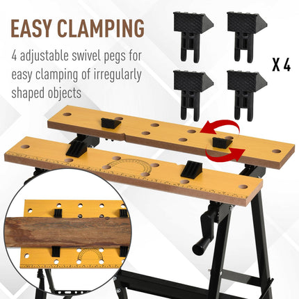4-in-1 Folding Work Bench with Adjustable Clamping Pegs and Saw Horse Table - Black