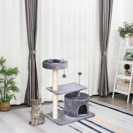 Cats 3-Tier Sisal Rope Scratching Post with Toys - Grey