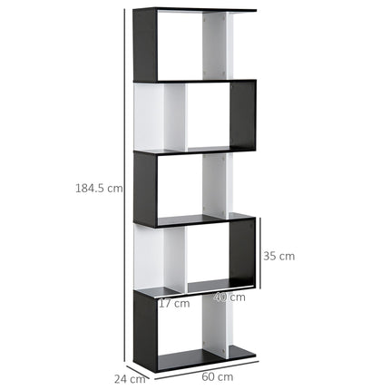 5-Tier S Shape Bookcase Storage Display Shelving Unit - Black