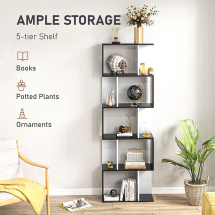 5-Tier S Shape Bookcase Storage Display Shelving Unit - Black