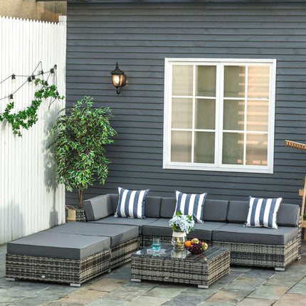 6 Piece Rattan Garden Sofa Set with Coffee Table and Cushions - Grey