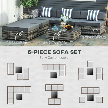 6 Piece Rattan Garden Sofa Set with Coffee Table and Cushions - Grey