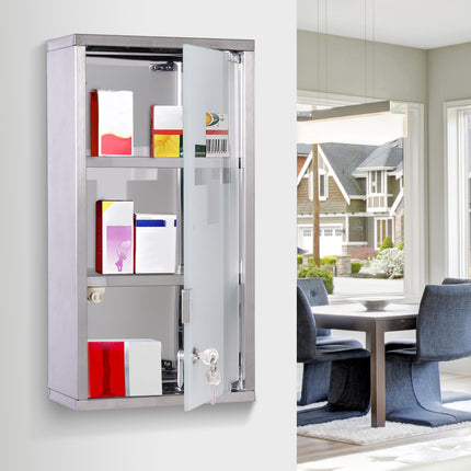 Stainless Steel Wall Mounted Medicine Cabinet 48cm H with 2 Shelves Lockable Glass Door - Silver
