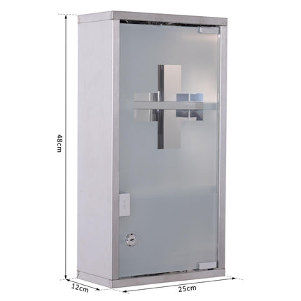 Stainless Steel Wall Mounted Medicine Cabinet 48cm H with 2 Shelves Lockable Glass Door - Silver