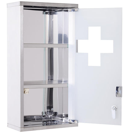 Stainless Steel Wall Mounted Medicine Cabinet 48cm H with 2 Shelves Lockable Glass Door - Silver