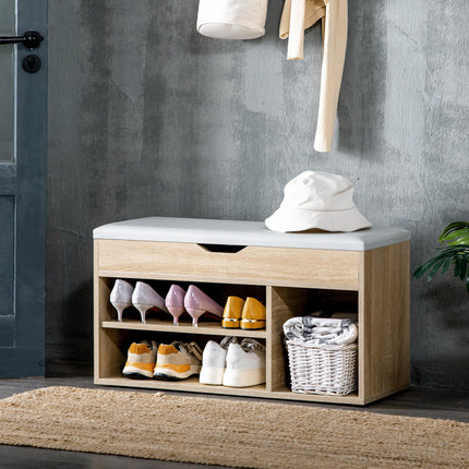 Shoe Cabinet Bench with Hidden Storage and Padded Seat Organiser Footwear Rack - Oak Tone