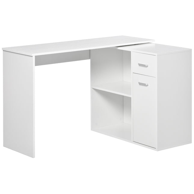 L-Shaped Corner Computer Desk with Storage Shelf and Drawer - White
