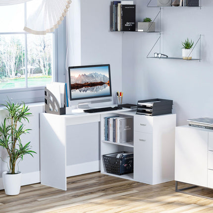 L-Shaped Corner Computer Desk with Storage Shelf and Drawer - White