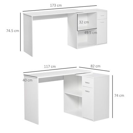 L-Shaped Corner Computer Desk with Storage Shelf and Drawer - White