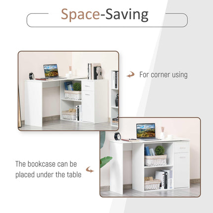L-Shaped Corner Computer Desk with Storage Shelf and Drawer - White