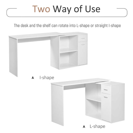 L-Shaped Corner Computer Desk with Storage Shelf and Drawer - White