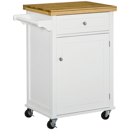 Kitchen Cart Storage Trolley with Drawer, Cupboard & Towel Rail - White