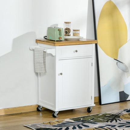 Kitchen Cart Storage Trolley with Drawer, Cupboard & Towel Rail - White