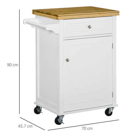 Kitchen Cart Storage Trolley with Drawer, Cupboard & Towel Rail - White