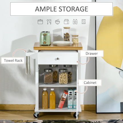 Kitchen Cart Storage Trolley with Drawer, Cupboard & Towel Rail - White