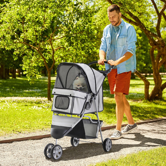 Dog Stroller Pet Travel Pushchair Three-Wheel Carrier for Cats and Dogs - Grey
