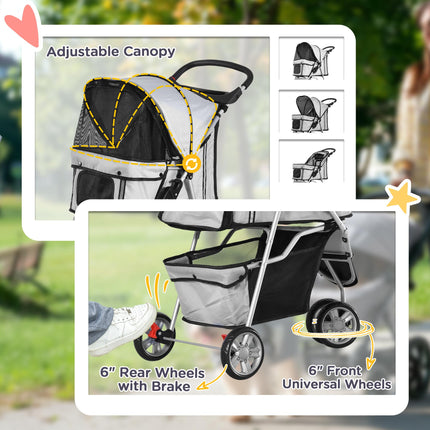 Dog Stroller Pet Travel Pushchair Three-Wheel Carrier for Cats and Dogs - Grey