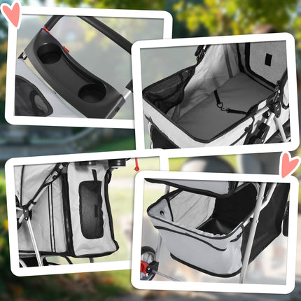 Dog Stroller Pet Travel Pushchair Three-Wheel Carrier for Cats and Dogs - Grey