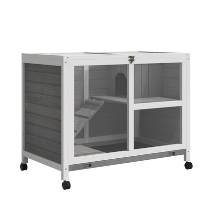 Wooden Rabbit Hutch Small Animal Cage with Pull-out Tray, Openable Roof & Wheels - Grey