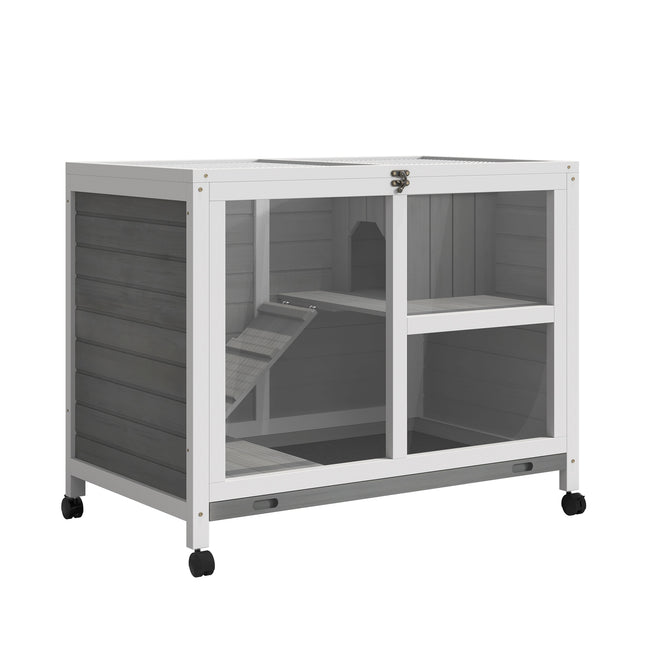 Wooden Rabbit Hutch Small Animal Cage with Pull-out Tray, Openable Roof & Wheels - Grey