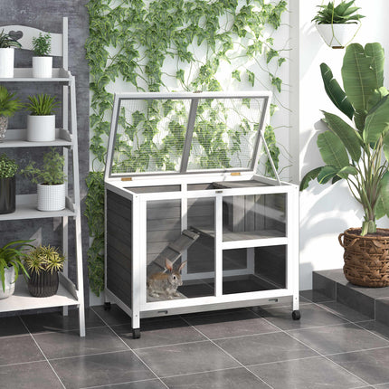 Wooden Rabbit Hutch Small Animal Cage with Pull-out Tray, Openable Roof & Wheels - Grey