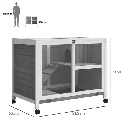 Wooden Rabbit Hutch Small Animal Cage with Pull-out Tray, Openable Roof & Wheels - Grey