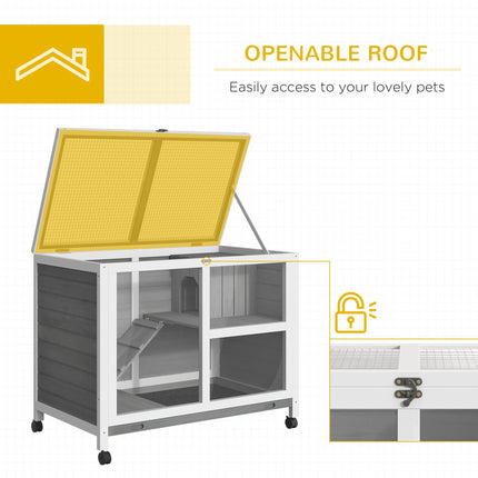 Wooden Rabbit Hutch Small Animal Cage with Pull-out Tray, Openable Roof & Wheels - Grey