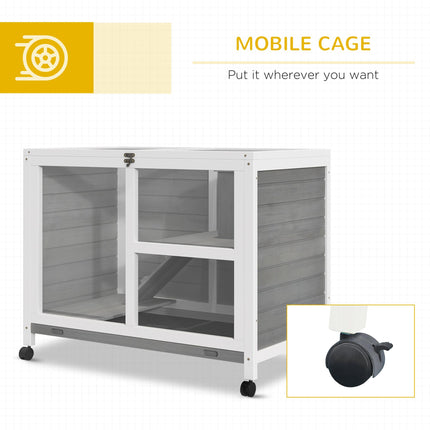 Wooden Rabbit Hutch Small Animal Cage with Pull-out Tray, Openable Roof & Wheels - Grey