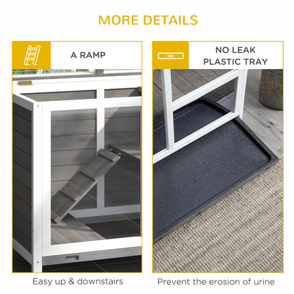 Wooden Rabbit Hutch Small Animal Cage with Pull-out Tray, Openable Roof & Wheels - Grey