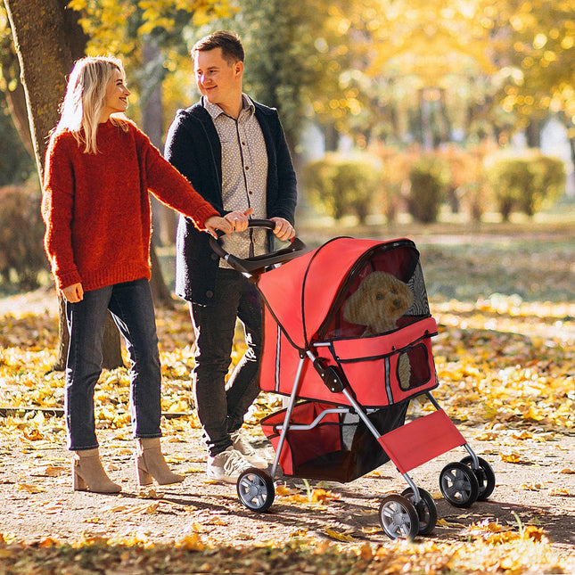 Foldable Pet Stroller Dog Pram with Wheels and Zipper Entry for Small Pets - Red