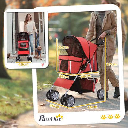Foldable Pet Stroller Dog Pram with Wheels and Zipper Entry for Small Pets - Red