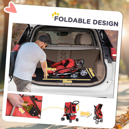 Foldable Pet Stroller Dog Pram with Wheels and Zipper Entry for Small Pets - Red