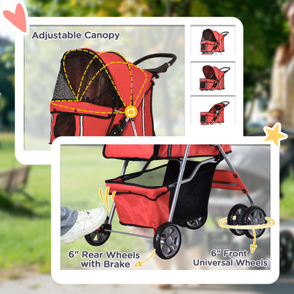 Foldable Pet Stroller Dog Pram with Wheels and Zipper Entry for Small Pets - Red
