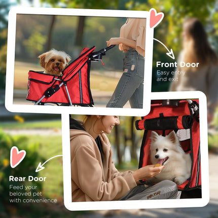 Foldable Pet Stroller Dog Pram with Wheels and Zipper Entry for Small Pets - Red