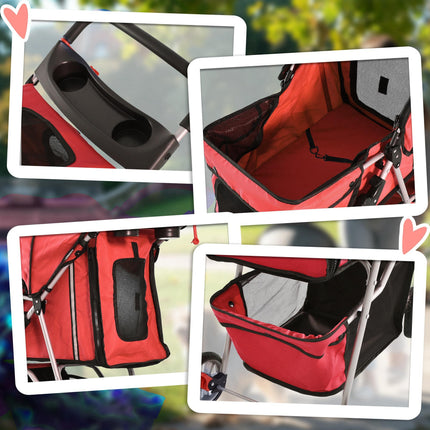 Foldable Pet Stroller Dog Pram with Wheels and Zipper Entry for Small Pets - Red
