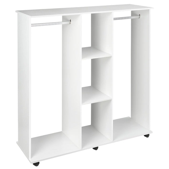 Double Mobile Open Wardrobe with Hanging Rails and Storage Shelves - White