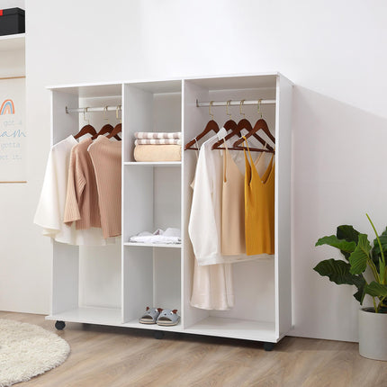 Double Mobile Open Wardrobe with Hanging Rails and Storage Shelves - White