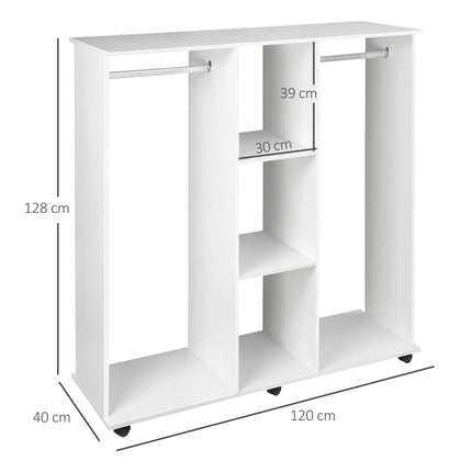 Double Mobile Open Wardrobe with Hanging Rails and Storage Shelves - White