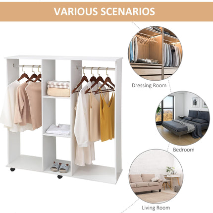 Double Mobile Open Wardrobe with Hanging Rails and Storage Shelves - White