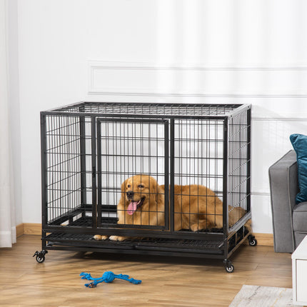 43" Heavy Duty Metal Dog Kennel with Tray and Wheels Large - Black