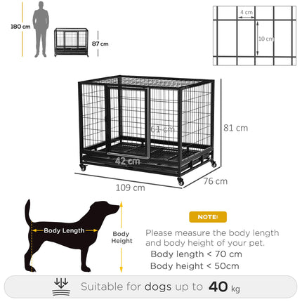 43" Heavy Duty Metal Dog Kennel with Tray and Wheels Large - Black